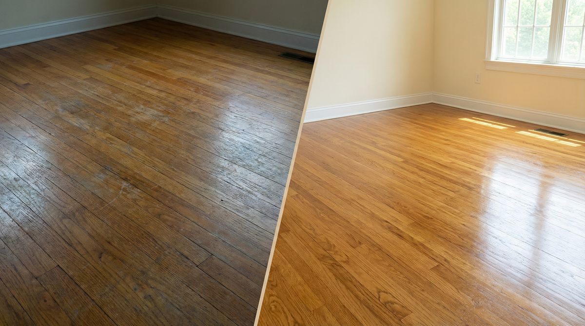 Beautiful hardwood floor refinishing results showing restored wood grain in New Jersey home