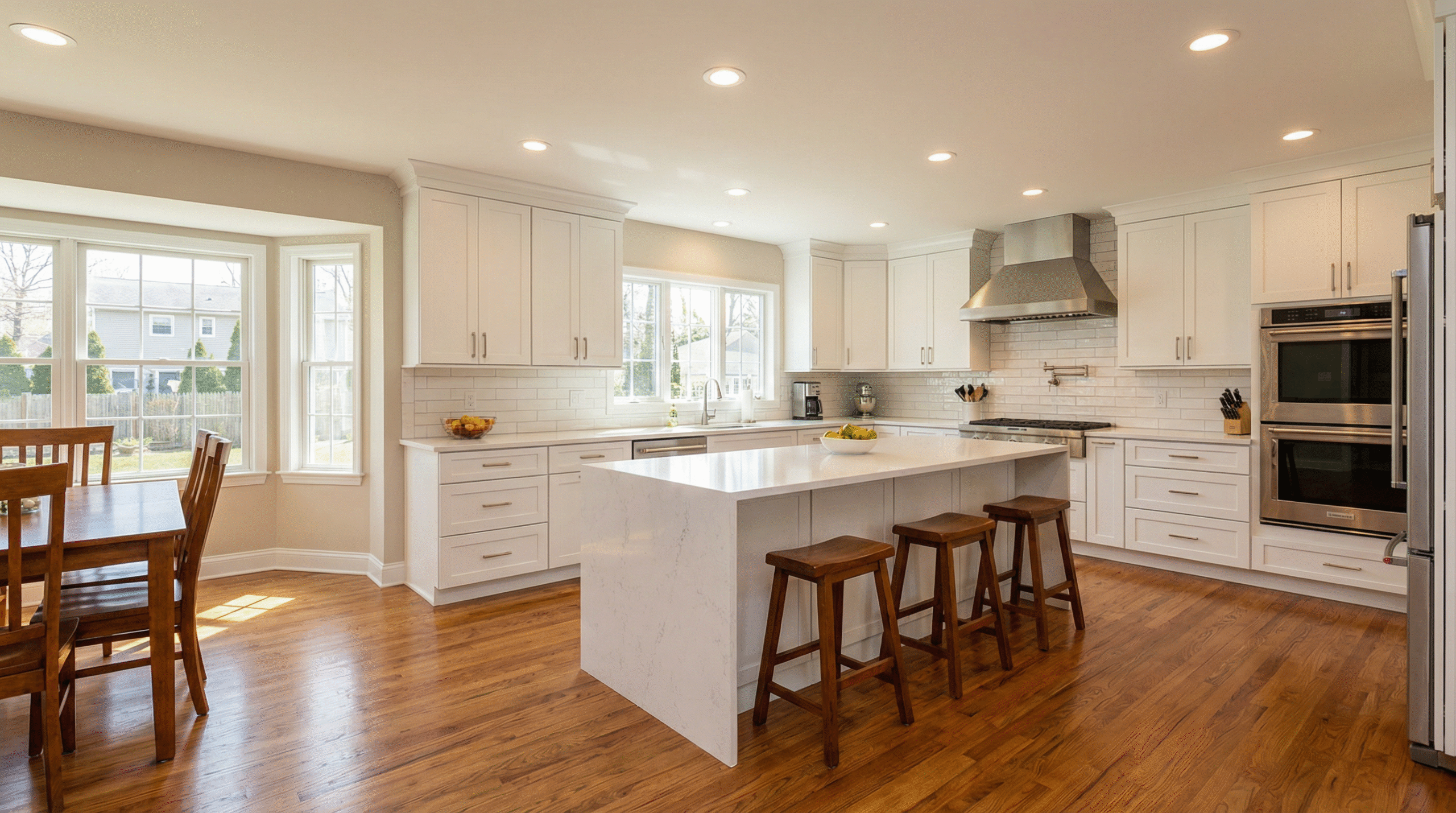 Kitchen remodeling NJ — IAC Home Improvement renovated kitchen with white shaker cabinets and quartz island