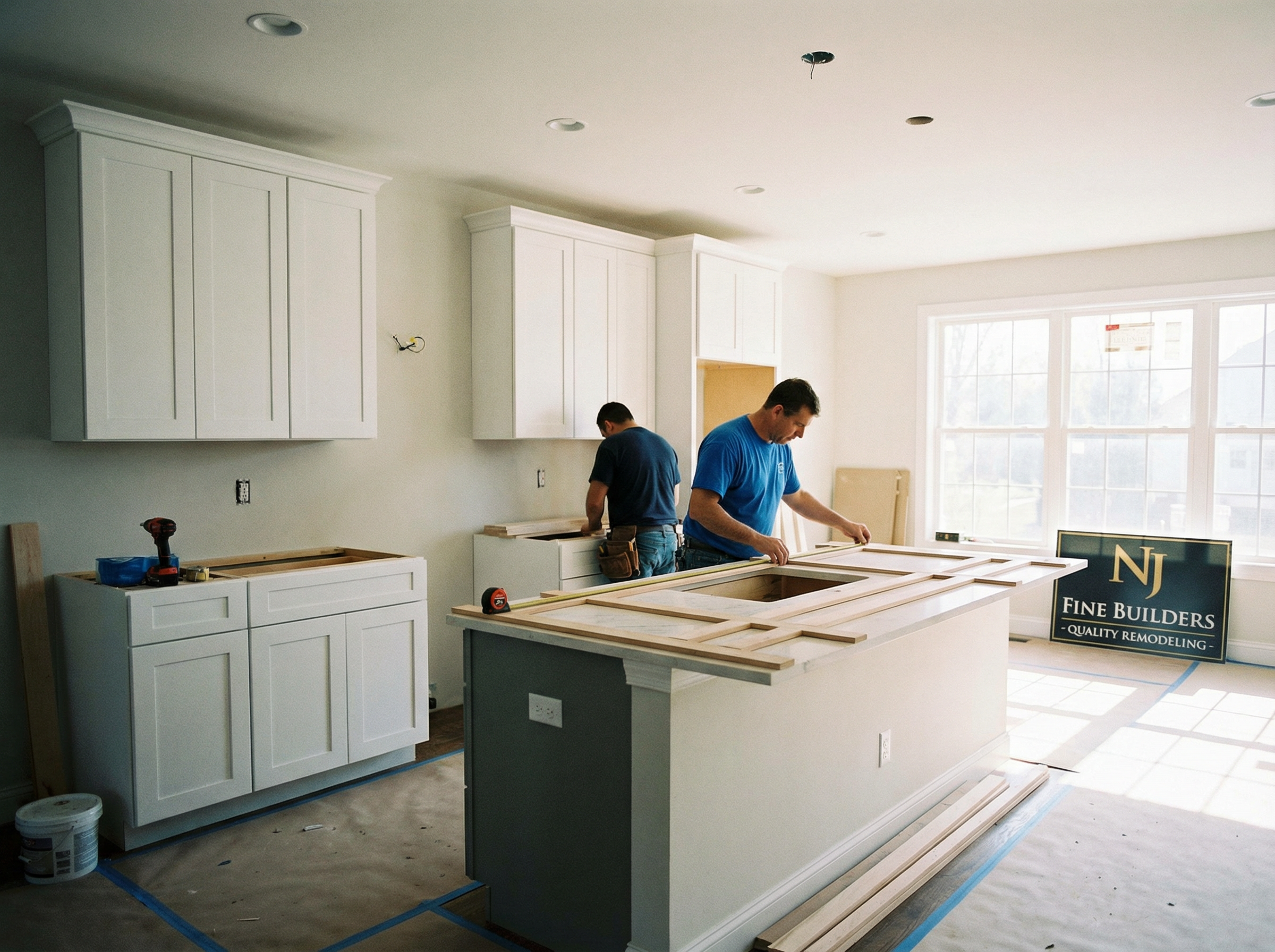 Kitchen remodeling process NJ — IAC Home Improvement contractors installing cabinets