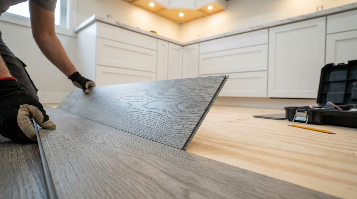 Luxury vinyl plank flooring installation in a modern New Jersey kitchen by IAC Home Improvement