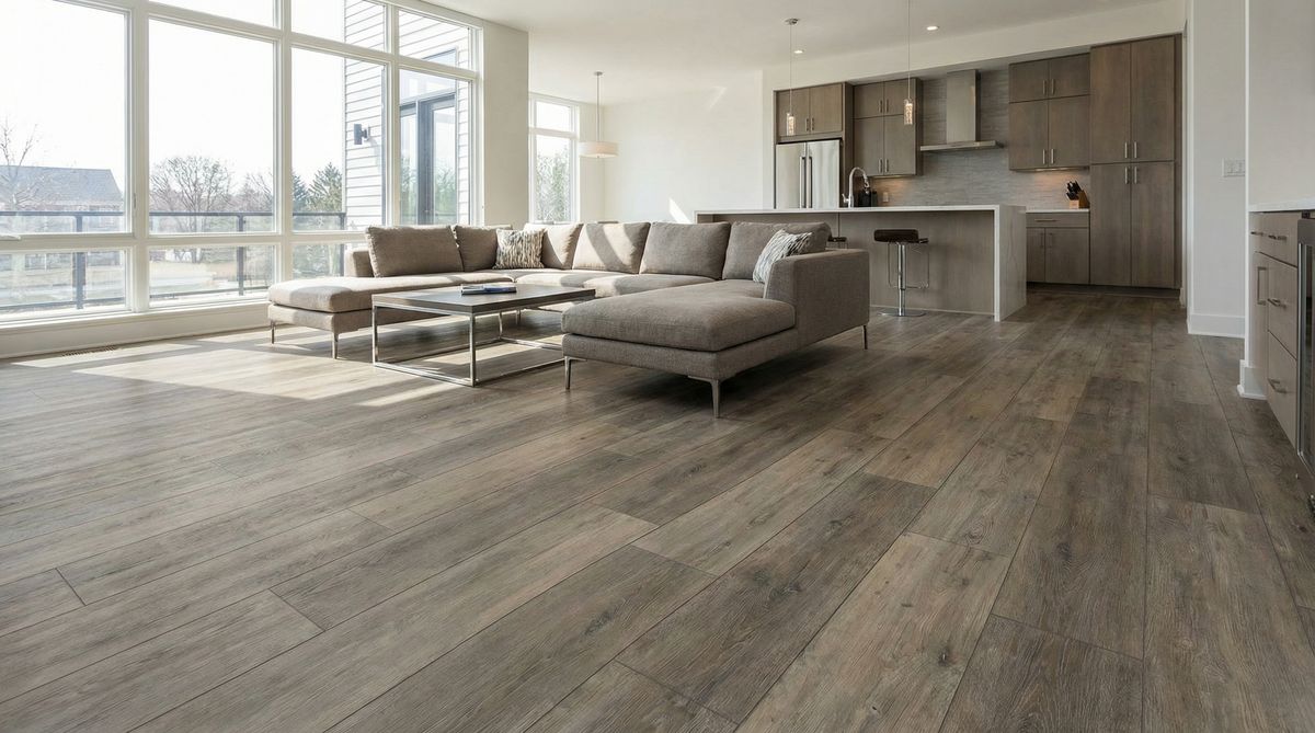 Beautiful completed luxury vinyl plank flooring in a New Jersey living room