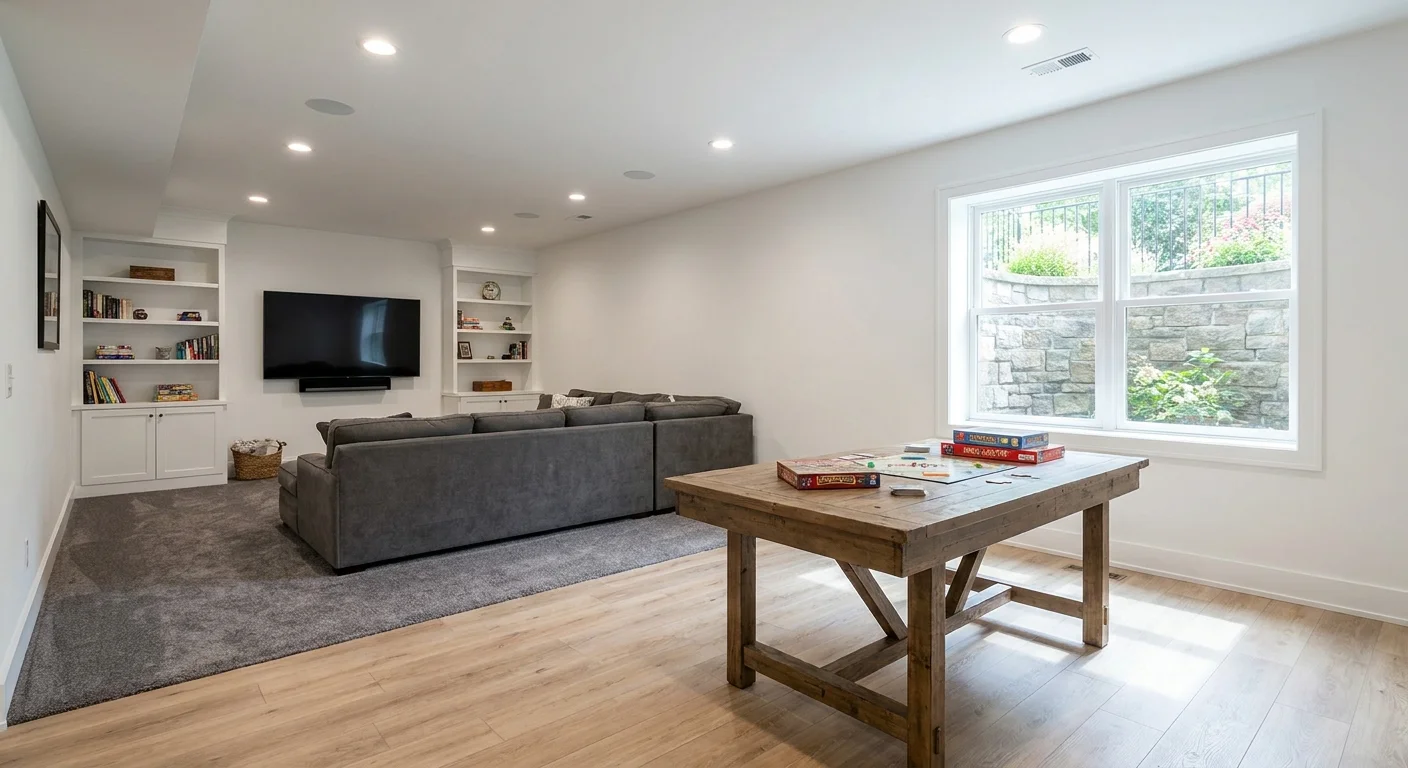 Basement Flooring Cost in NJ: LVP vs Carpet vs Tile (design concept, AI render)